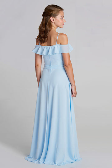 Mousseline de soie bleu ciel trapèze épaule froide longue robe de demoiselle d’honneur junior